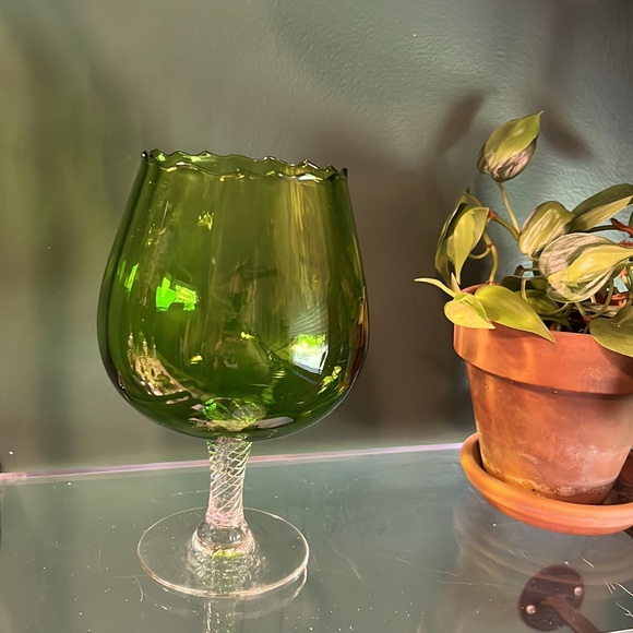 Vintage Green Italian Glass Ribbed Etch Crystal Pedestal Stem Brandy Wine Glass - Picture 6 of 6